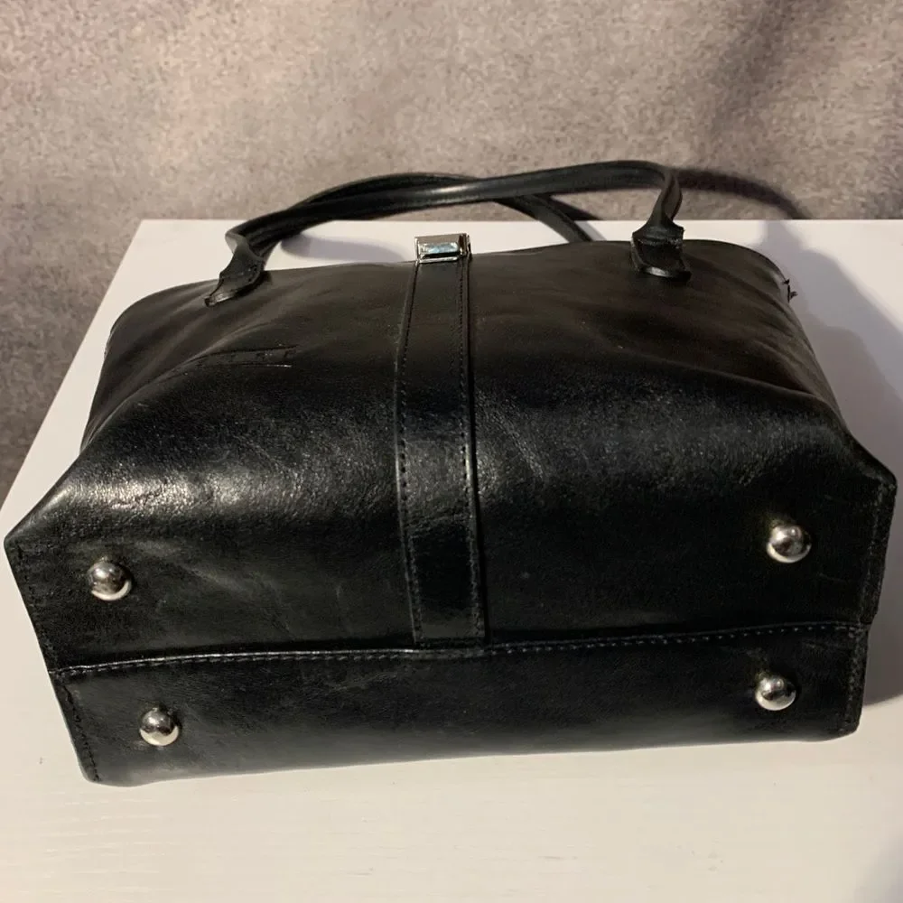 Texier Black Leather Bag, Silver Hardware (Made In France)